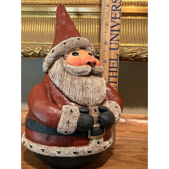 Gail Laura Folk Art Santa Large Round Heavy Sculpture 1990 Signed 8” - Picture 6 of 6